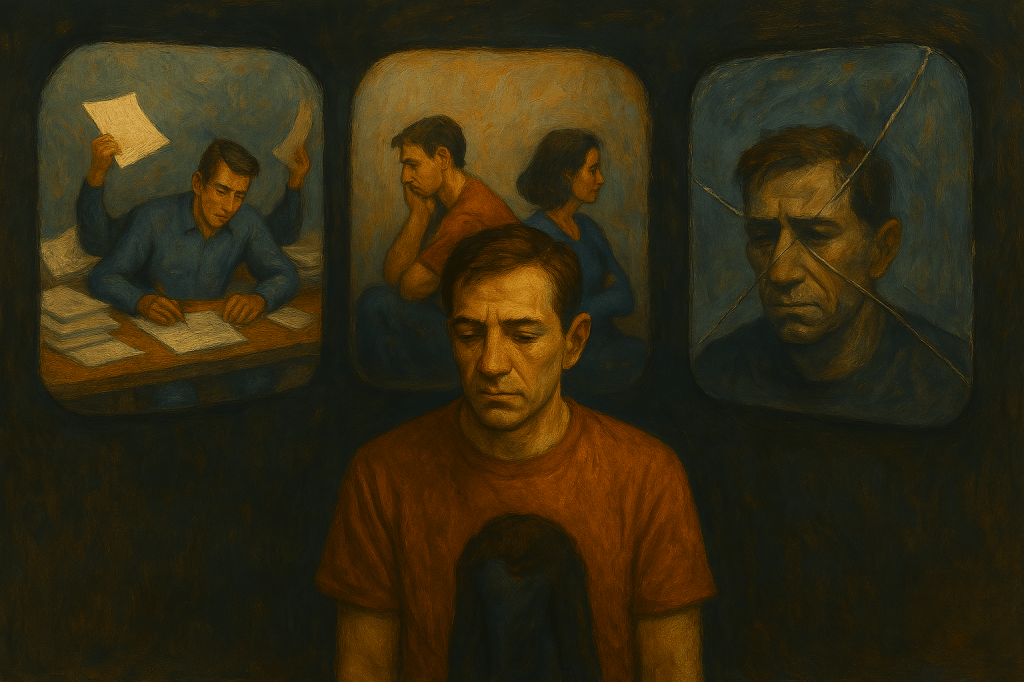 A contemplative man in a red shirt stands in front of three arched reflections symbolizing emotional and mental struggles: work stress, relationship distance, and a fractured self-image, all painted in an expressive oil style.